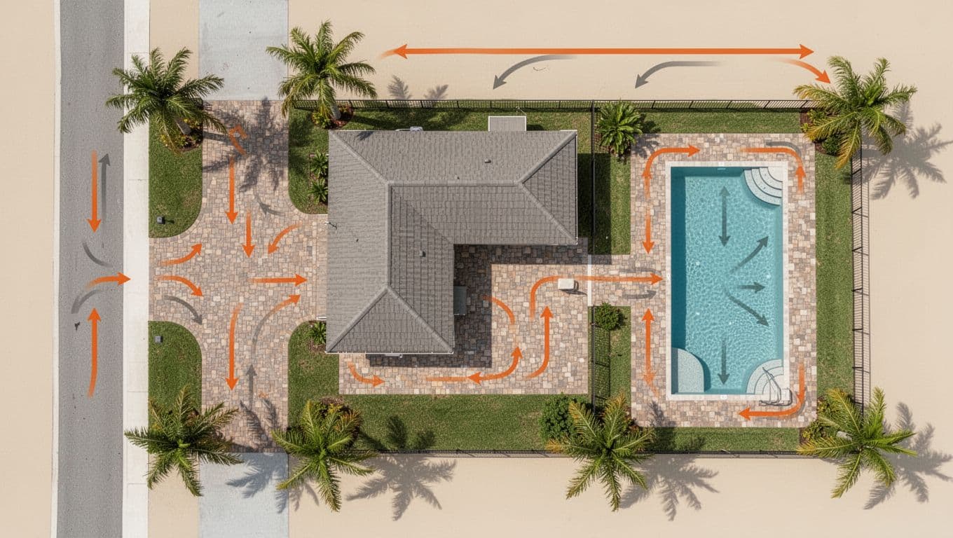 Driveways, patios, and pool decks shown in an overhead Southwest Florida property.