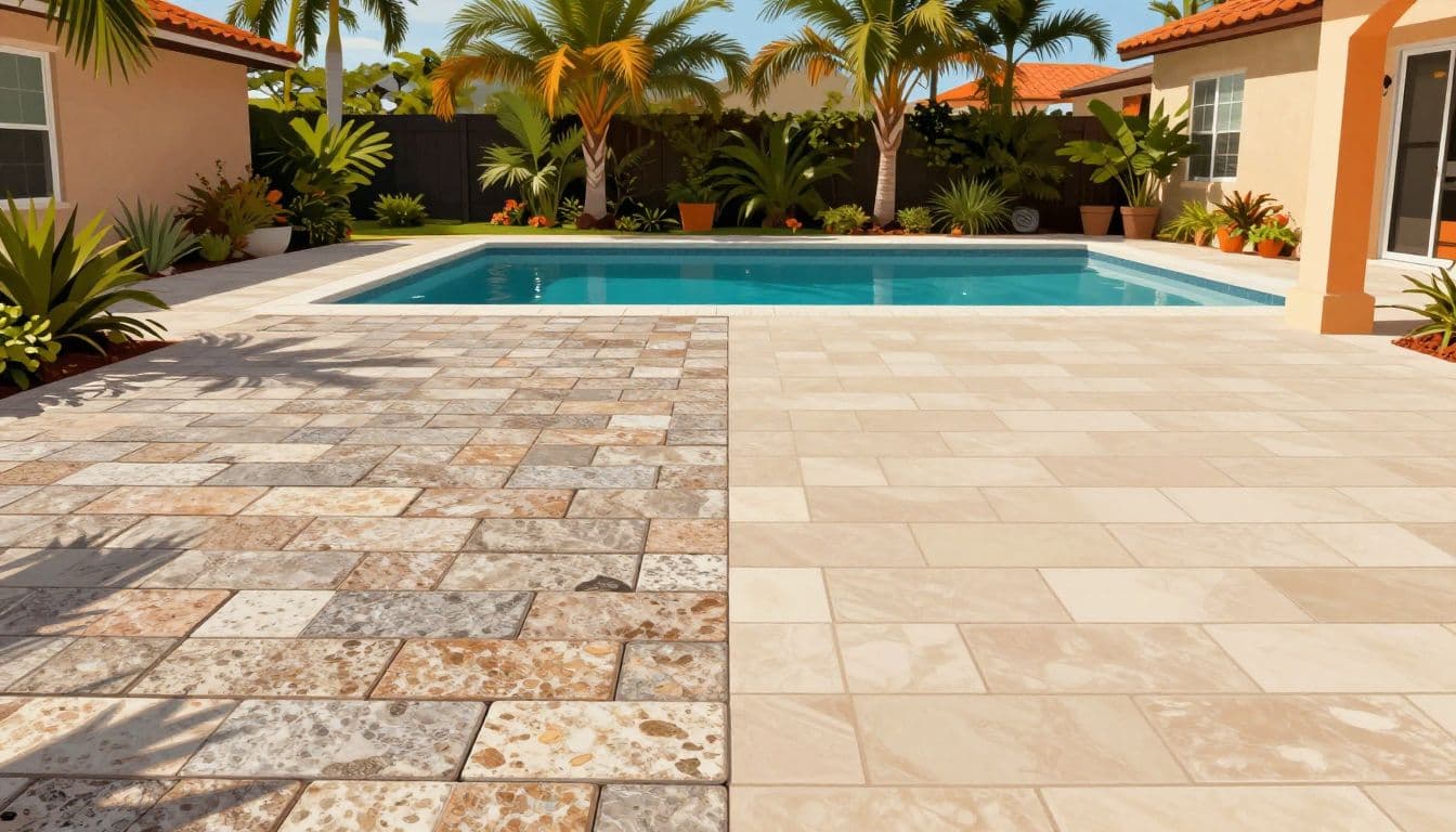 tumbled and matte finishes beside a Florida screened pool