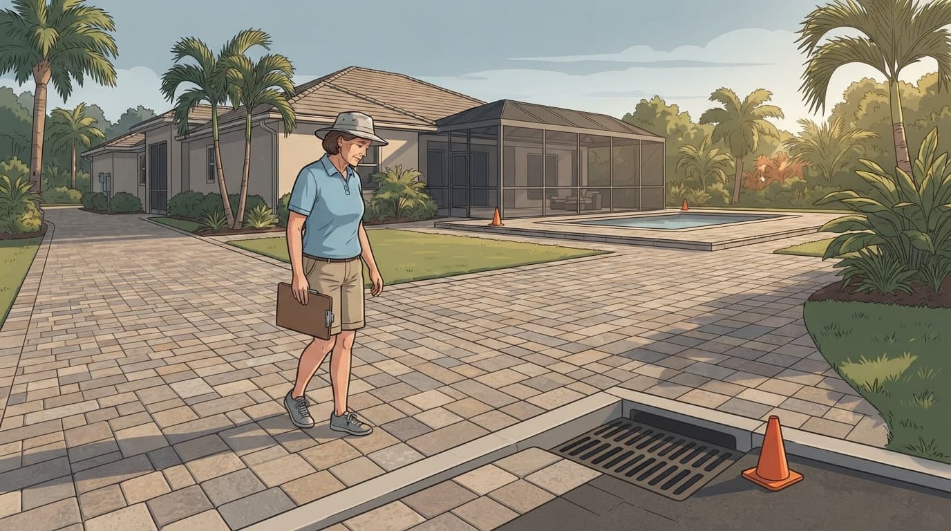 A homeowner checks a paver driveway and patio near storm drains and palm trees.