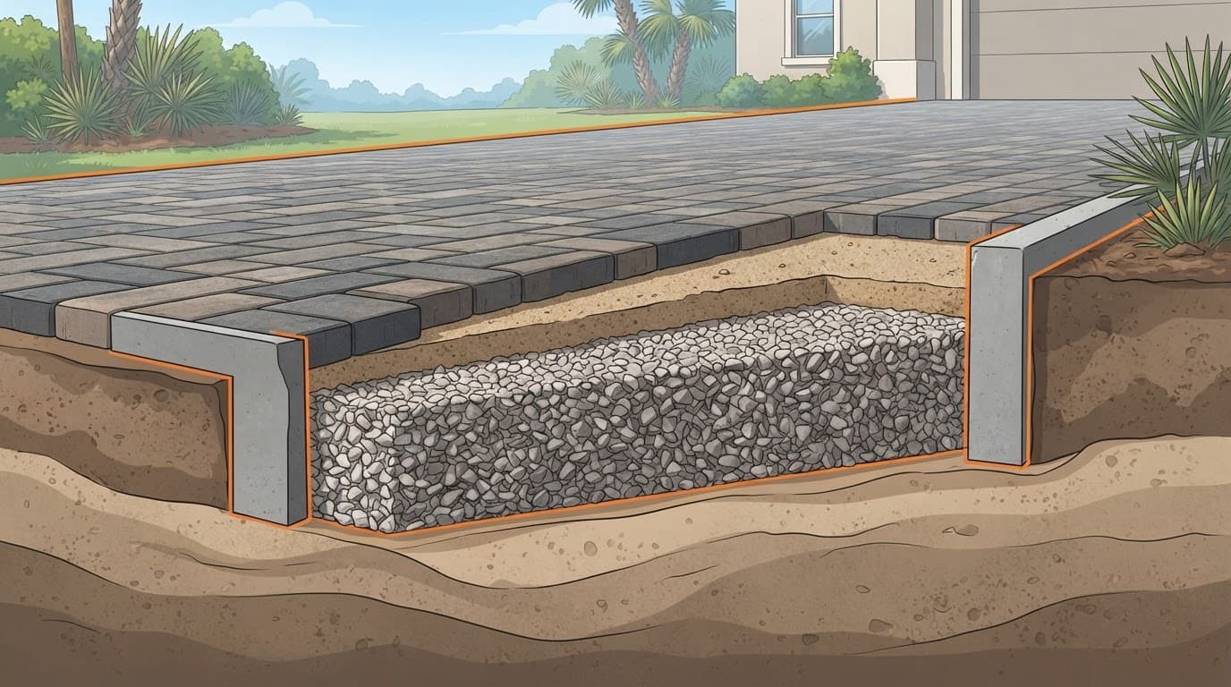 Cutaway showing pavers, sand, compacted stone, soil, edging, and a gentle drainage slope.
