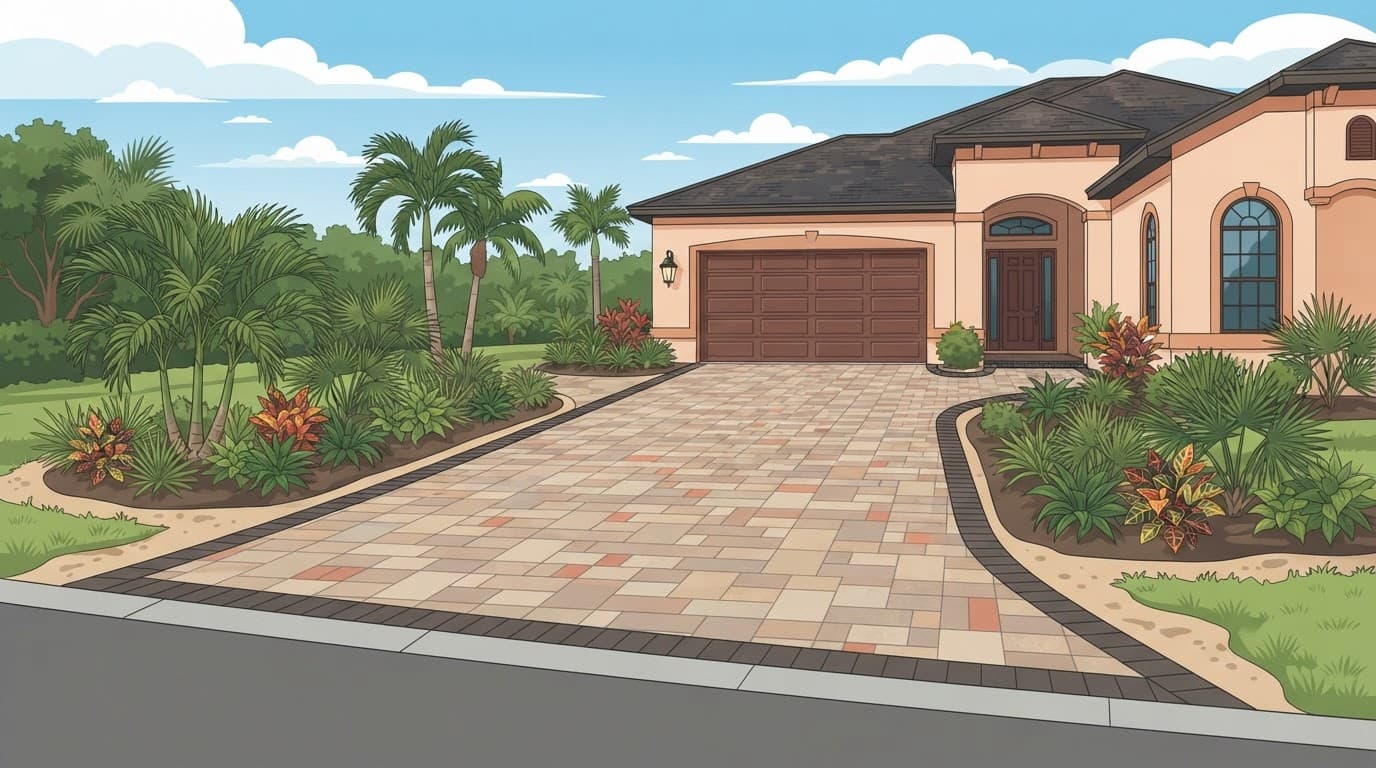 Finished Florida paver driveway at a stucco home.