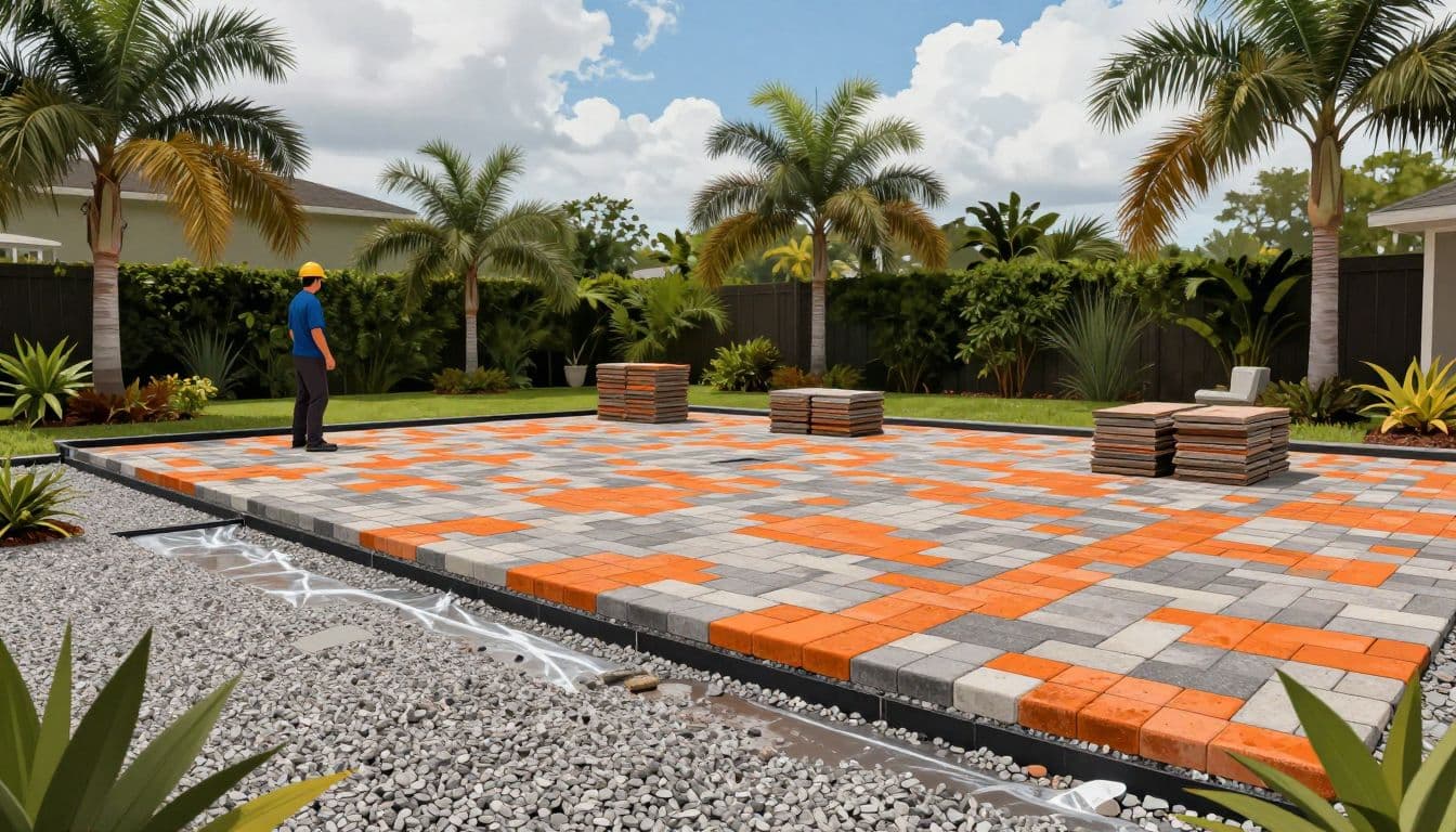 Florida rainy-season paver work with a prepared patio base and drainage channel.