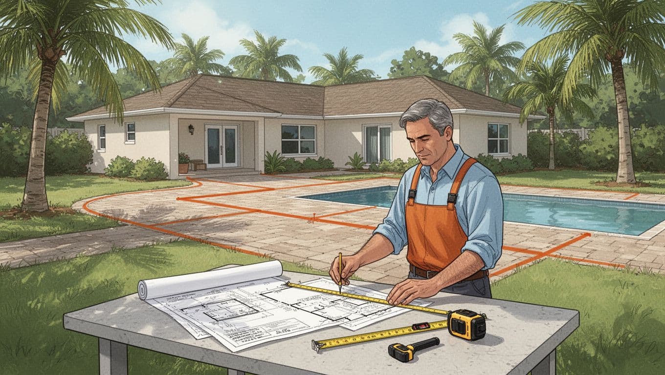A homeowner reviews plans beside a planned paver driveway, patio, and pool area.