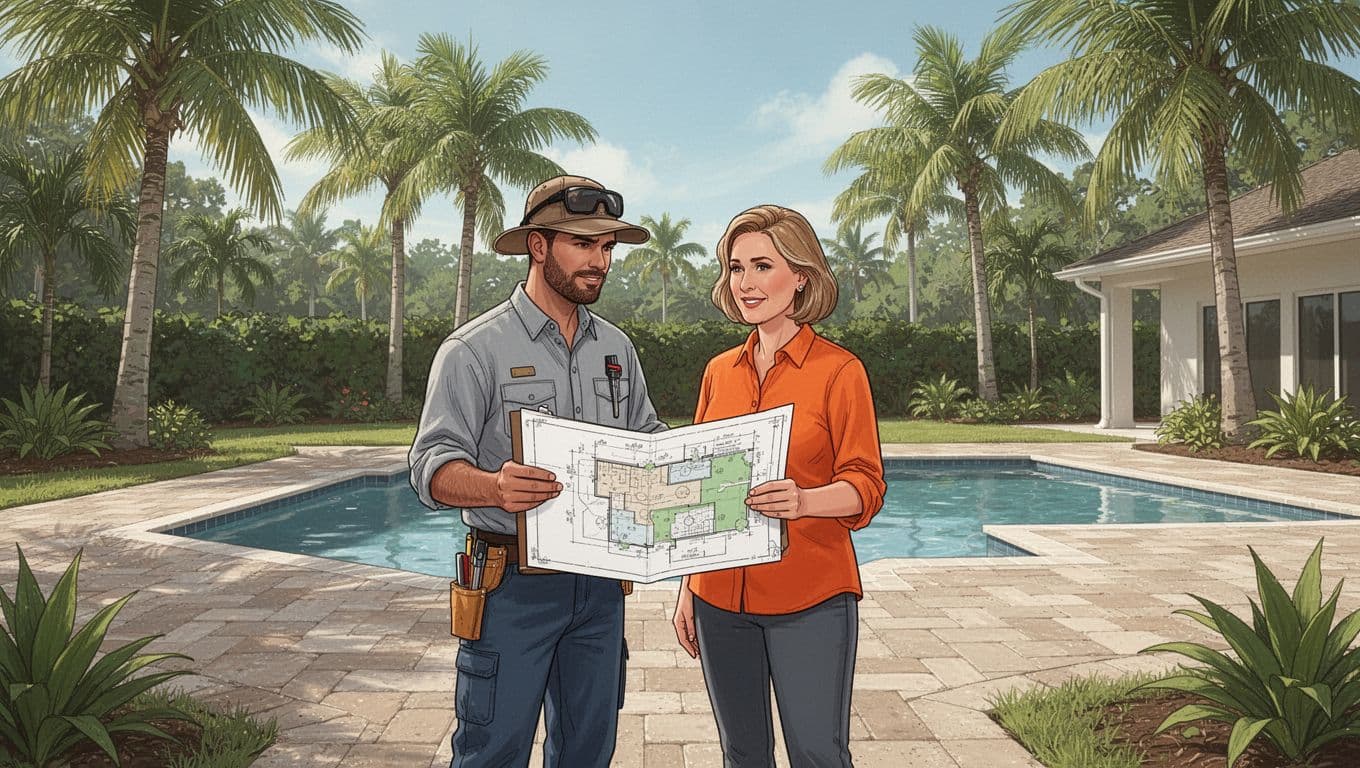 Paver permit documents and site plans reviewed by a homeowner and contractor beside a finished pool deck.