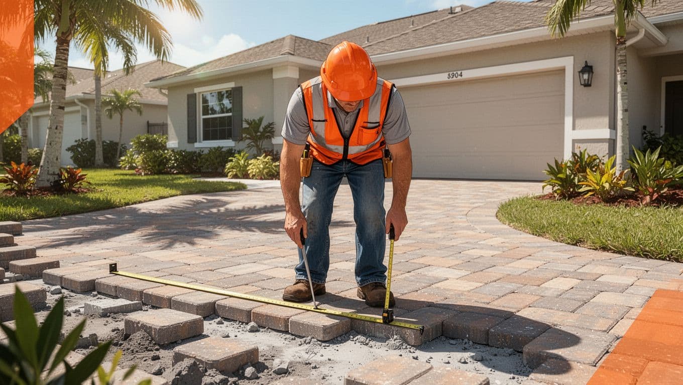 Contractor checking driveway paver depth in Florida.