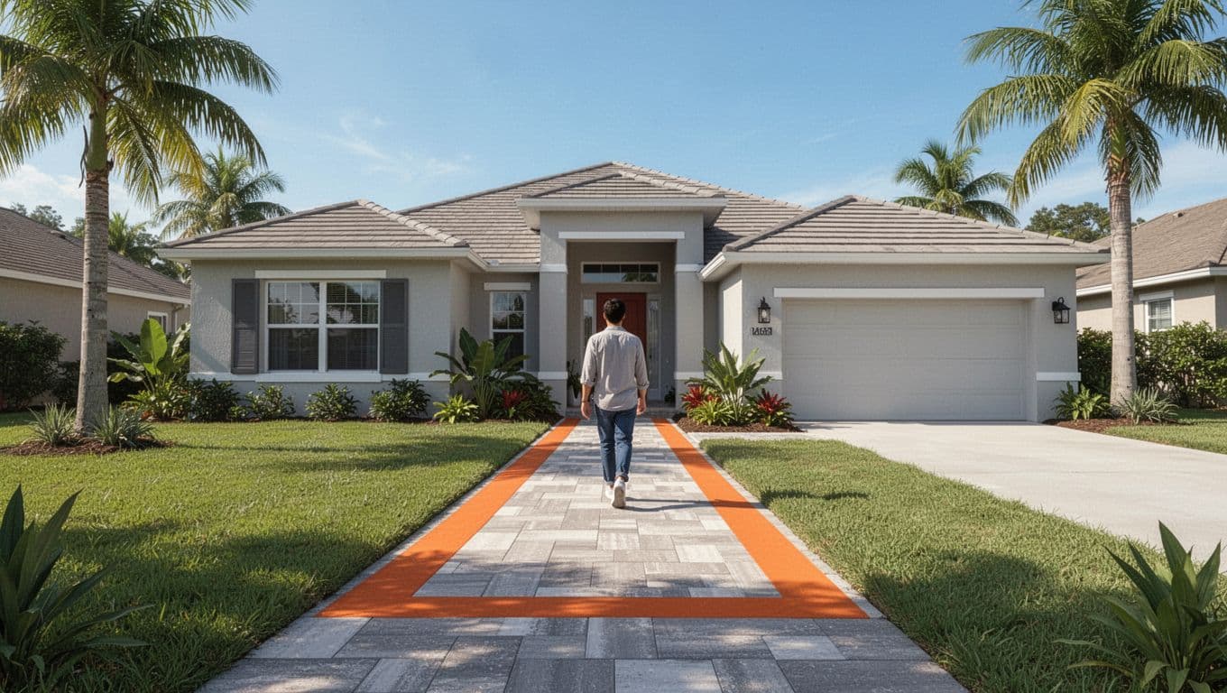 Florida paver entrance path with bright landscaping.