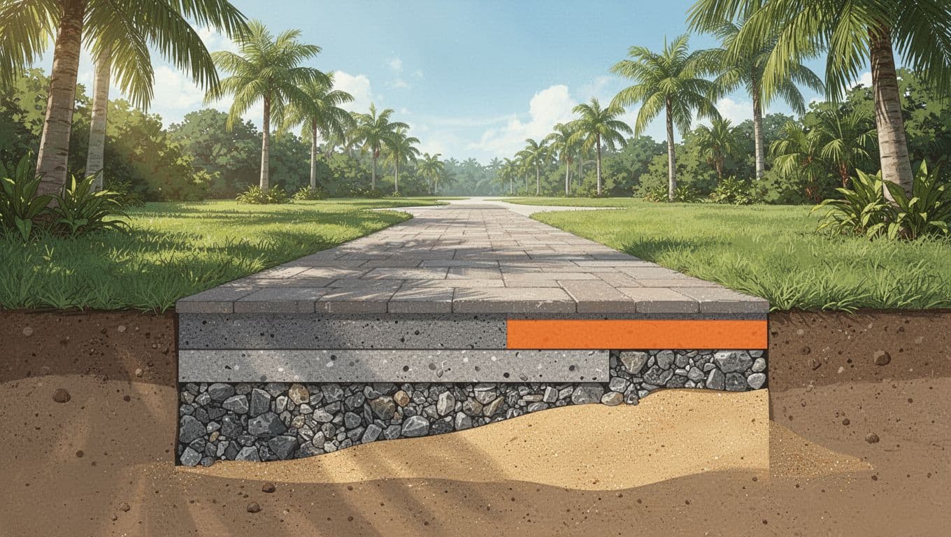 Paver walkway foundation layers over sand, gravel, and Florida soil.