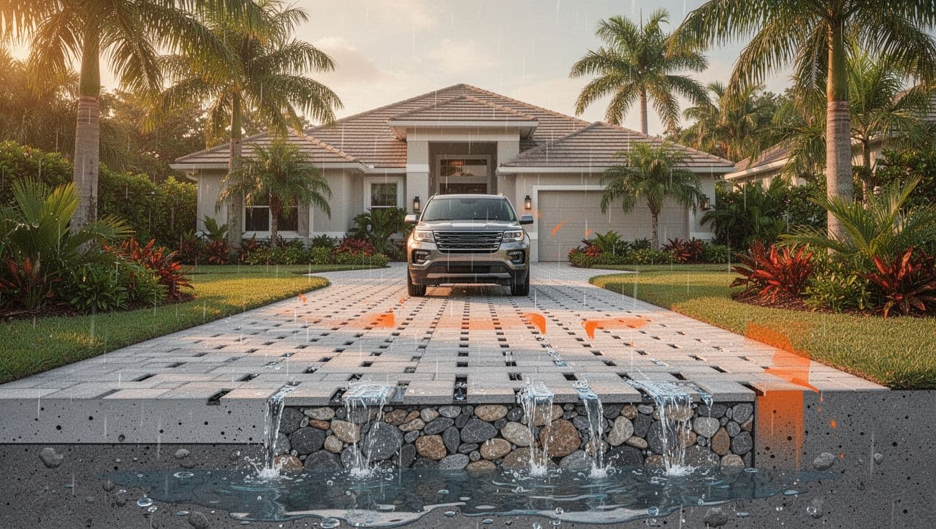 Rainwater filtering through driveway paver joints beside a tropical Florida home.