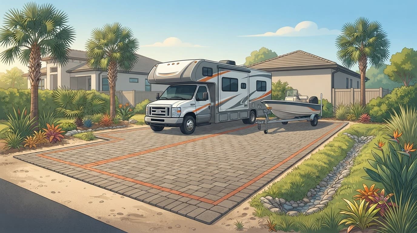 Florida RV and boat trailer parking pad beside tropical landscaping.