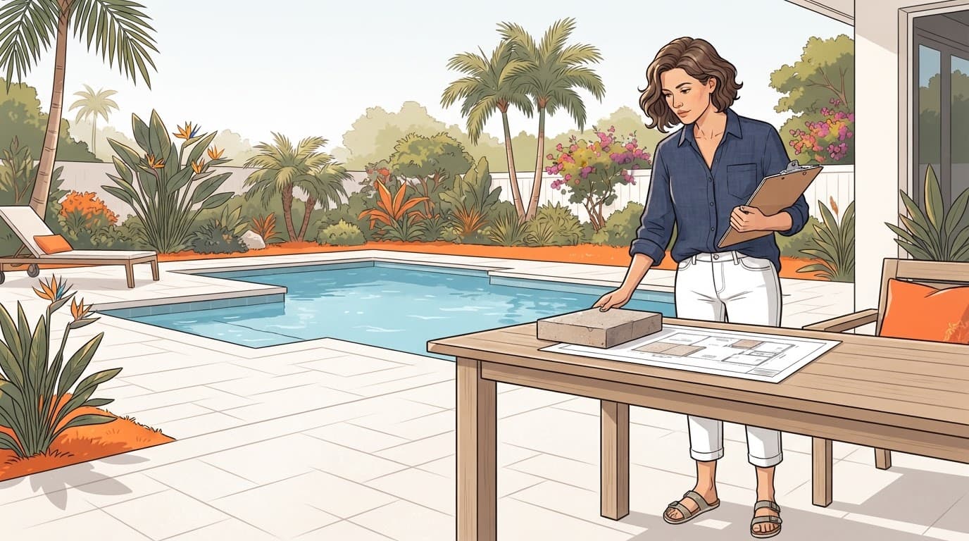 Homeowner reviewing a paver plan beside a pool with one sample paver.