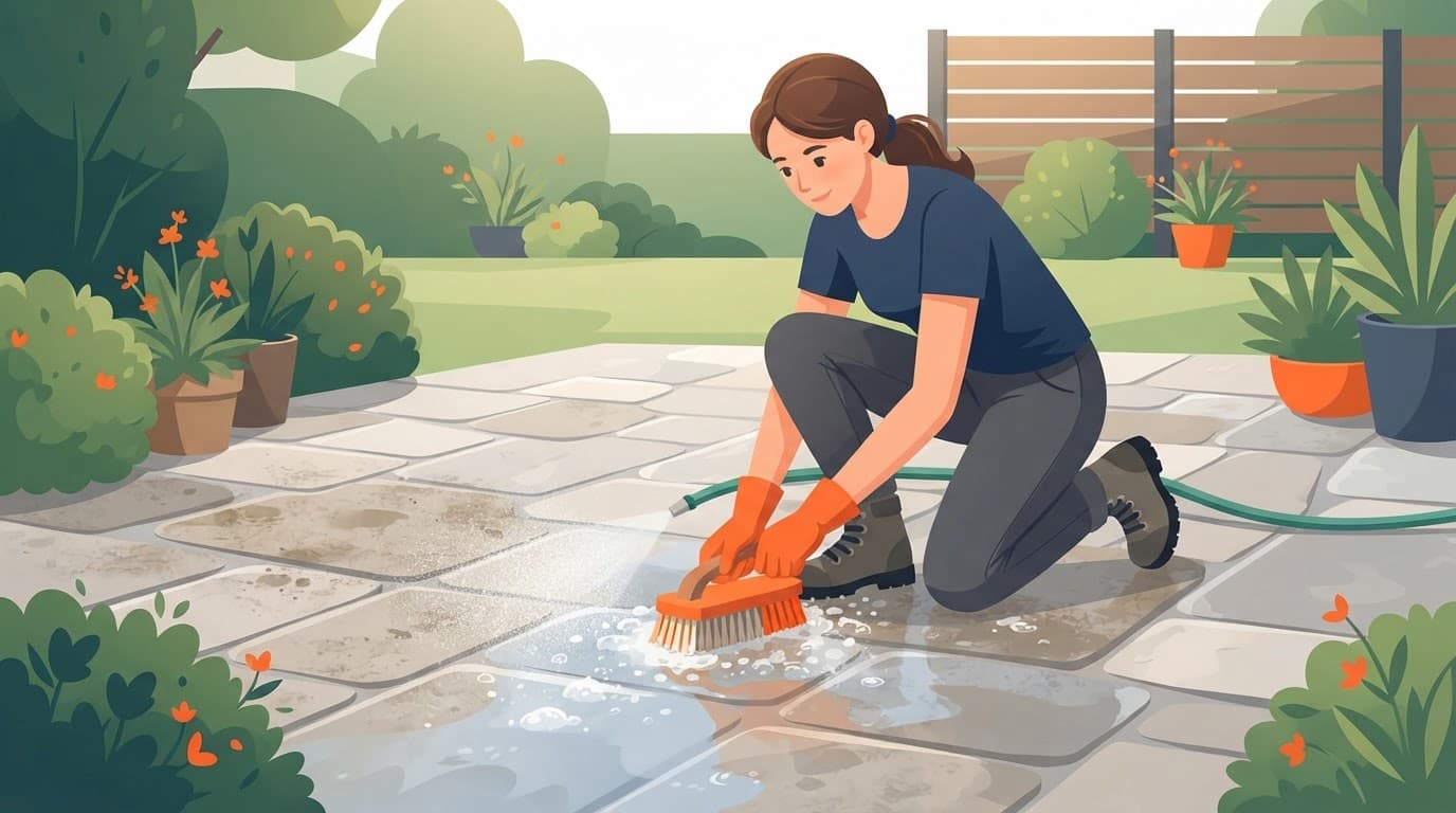 Nylon brush scrubbing orange residue from pavers.
