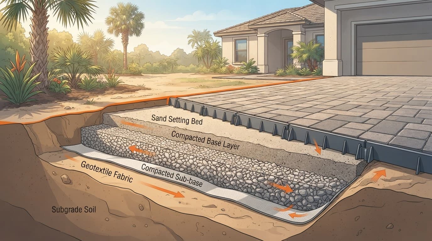 Cutaway view of pavers, compacted base layers, edge restraints, and drainage slope.
