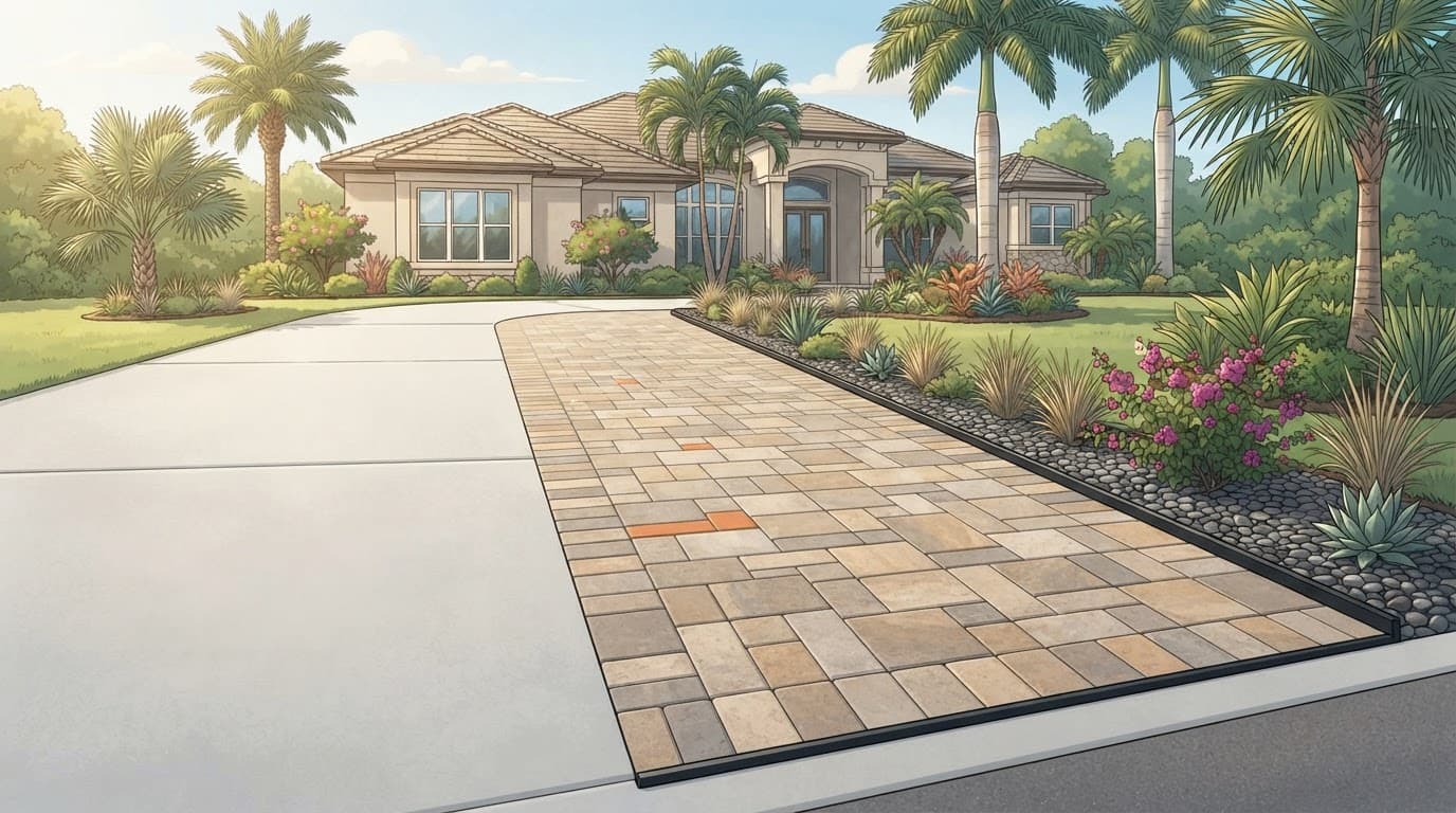 New pavers extend beside a concrete driveway with palms and a narrow planting strip.