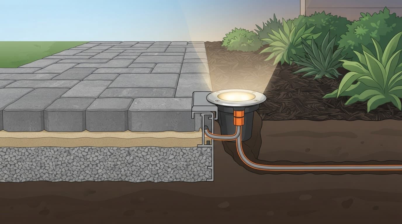 Cutaway of a recessed LED light beside pavers with a cable routed through the soil.