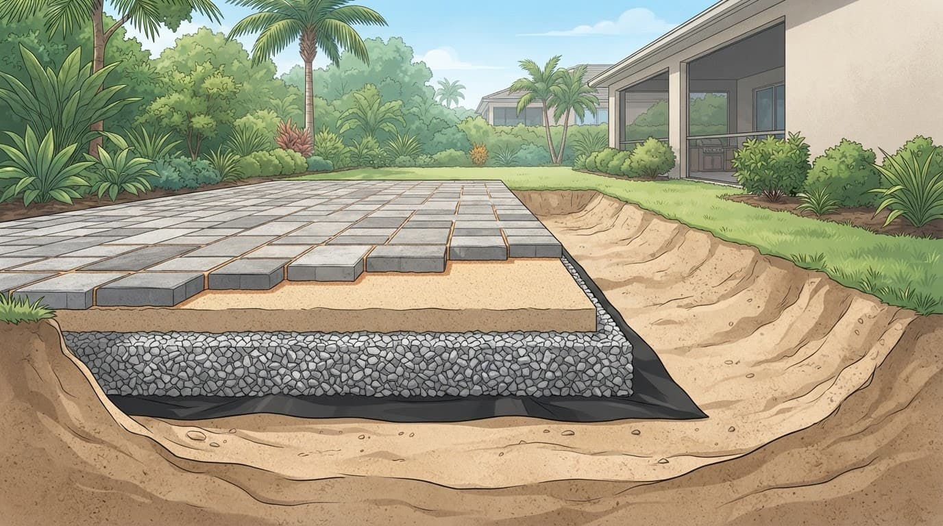 Cutaway view of a paver patio with layered sand, stone, fabric, and graded soil.