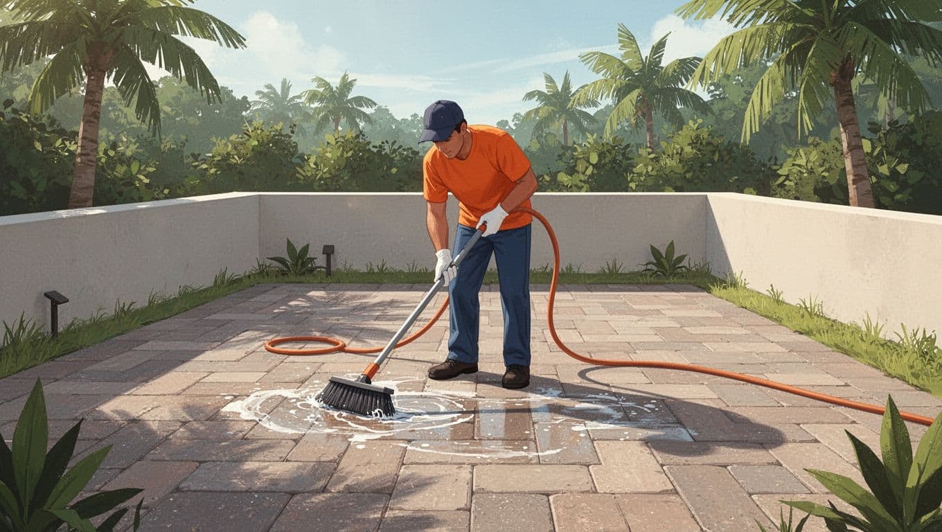 paver patio preparation with pressure-cleaning tools.