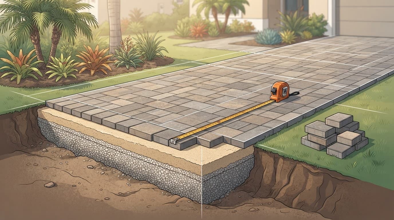 Cutaway view of a measured patio, driveway, sand, gravel layers, tape measure, and extra pavers.
