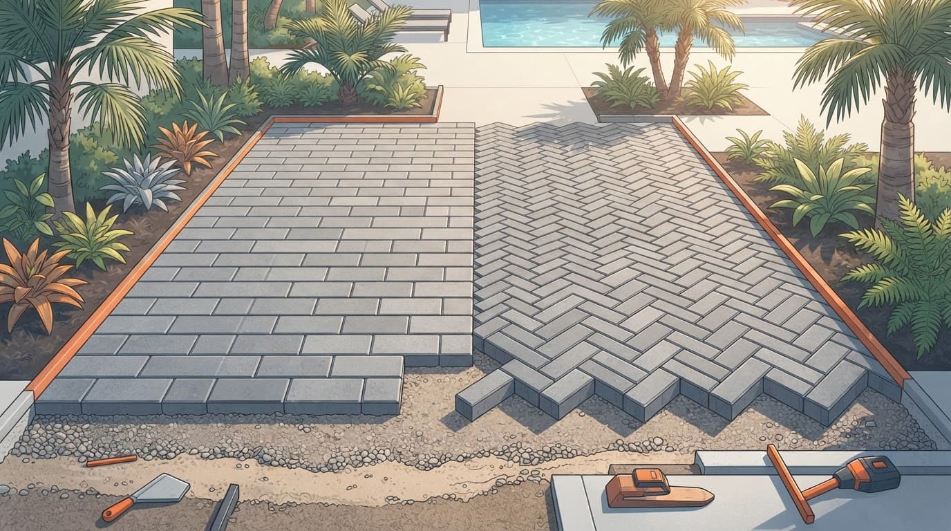 Two paver patterns with cut edges beside a Florida poolside driveway.