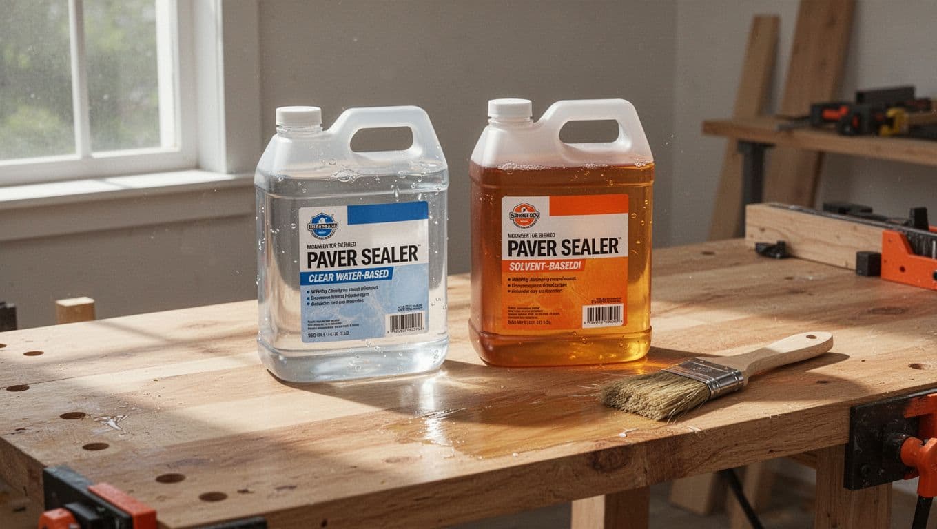 water-based and solvent-based paver sealer comparison on a workbench