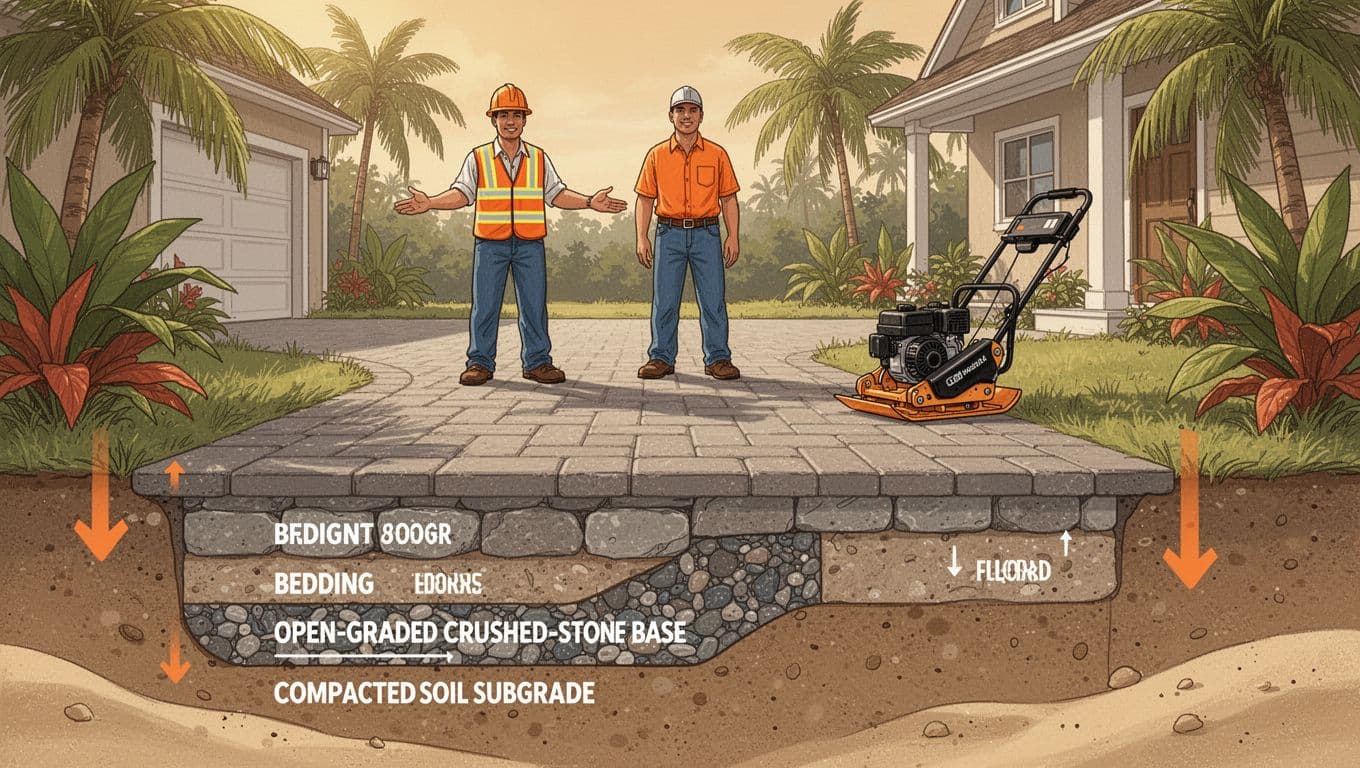 Cutaway of pavers, clean stone reservoir, soil, worker, and tropical plants.