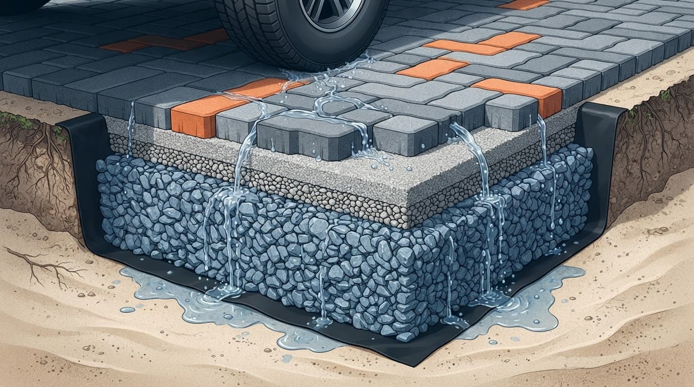 Permeable pavement cross-section over Florida soil showing layered drainage materials.