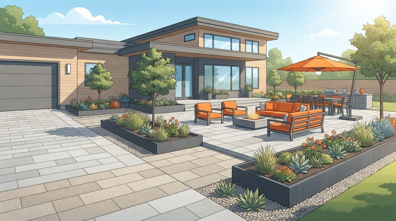 Sunny paver patio and driveway with crisp geometric lines and orange accents.