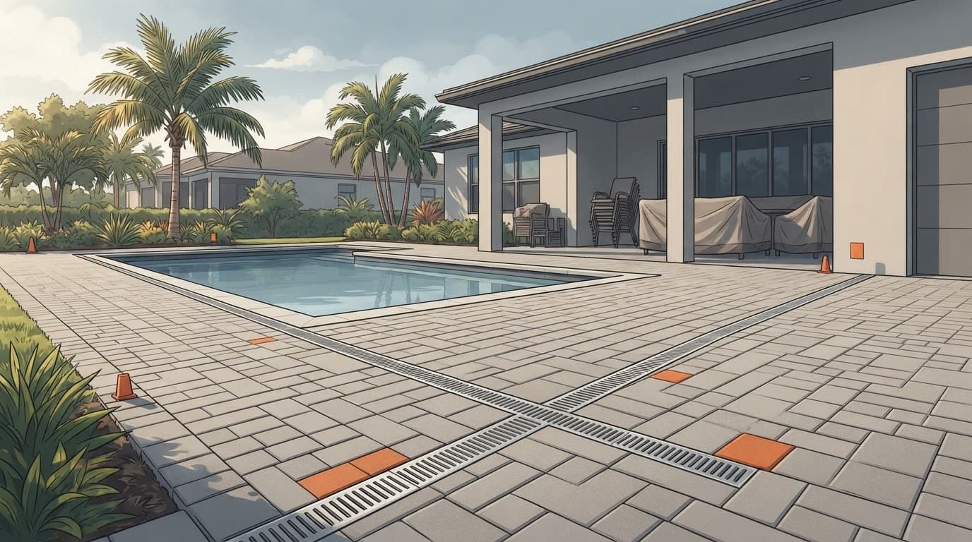 Clean pavers, clear drains, trimmed palms, and stacked furniture beside a Florida home.