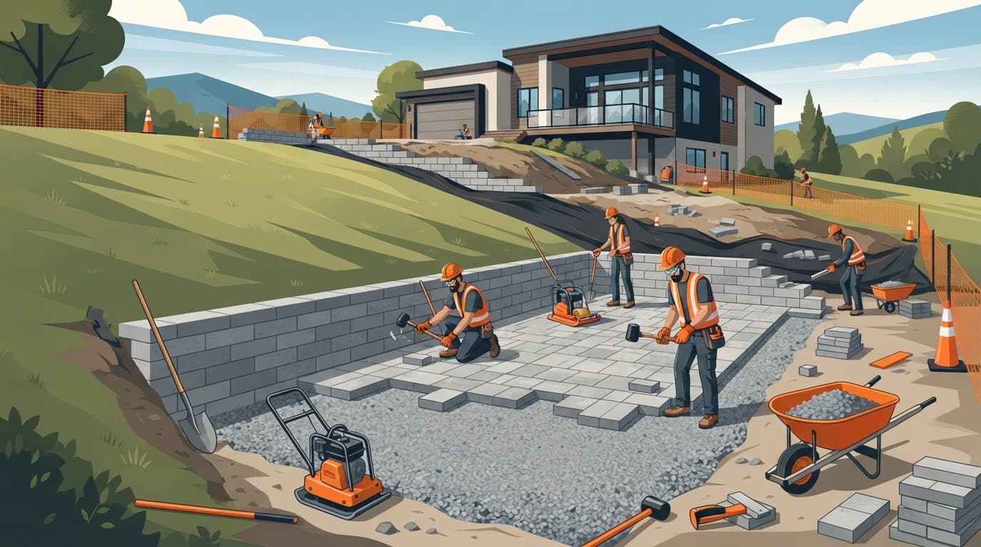 Partly built paver patio on a sloped yard with gravel and a retaining wall.