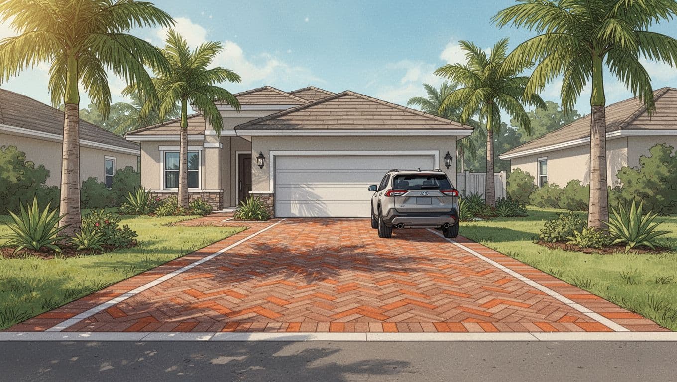 Florida driveway with lengthwise borders, a broad center field, and palms near the garage.