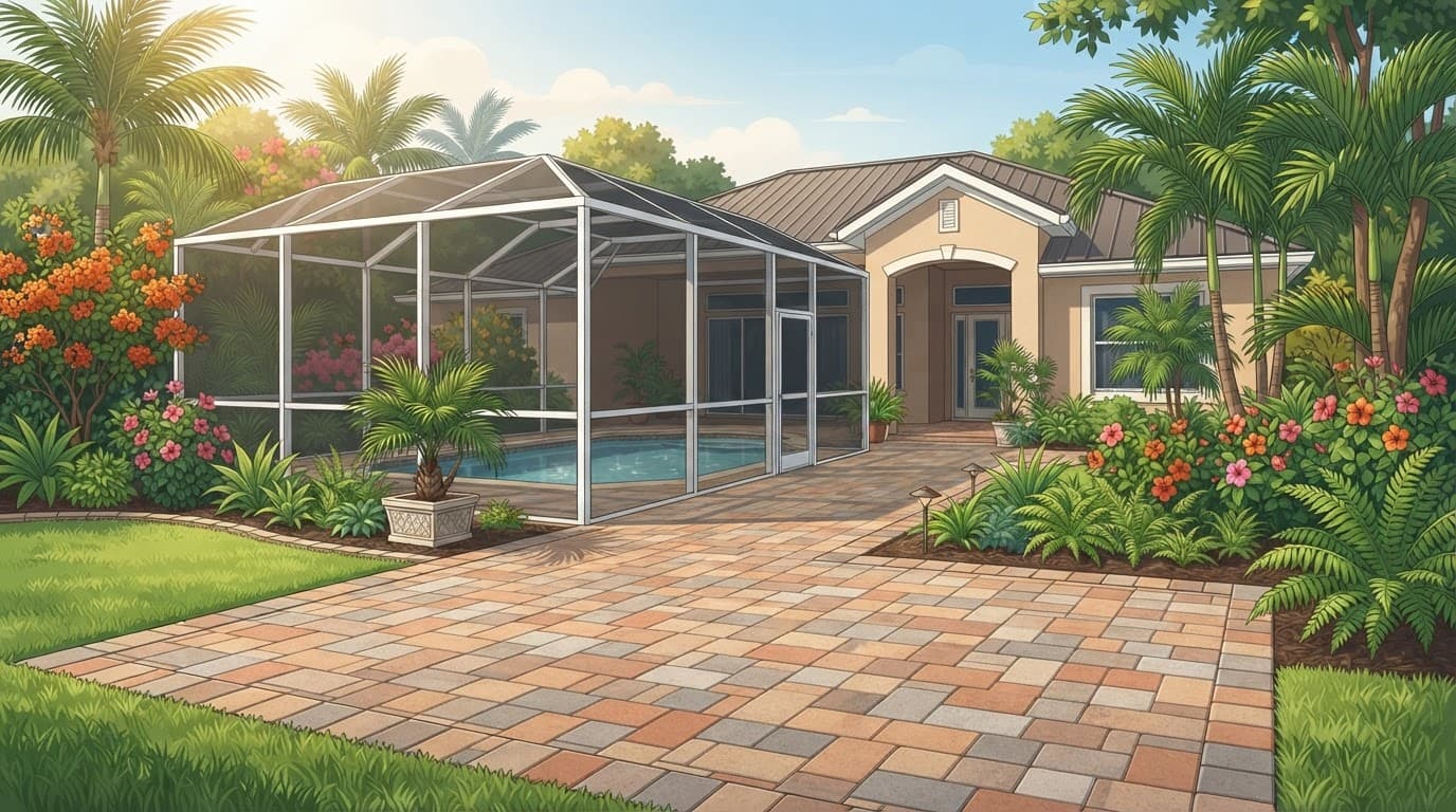 Finished brick patio beside a Florida home with palms, tropical plants, and a screened lanai.