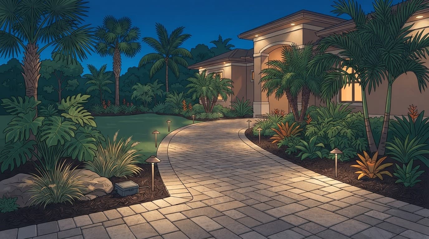 A paver walkway with subtle lights, palms, and tropical landscaping at dusk.
