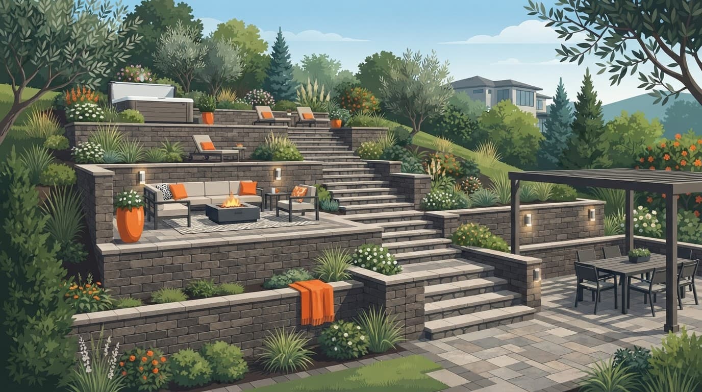 Terraced paver patio with stone walls and steps on a sloped backyard.