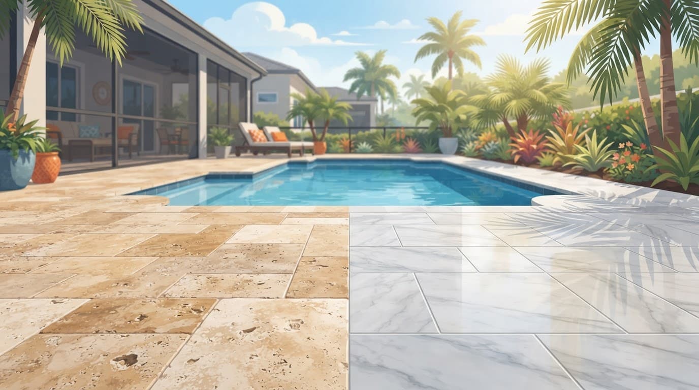 Textured travertine and marble samples beside blue pool water.
