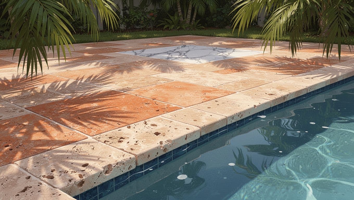 Textured travertine beside wet blue water in a Florida outdoor setting.