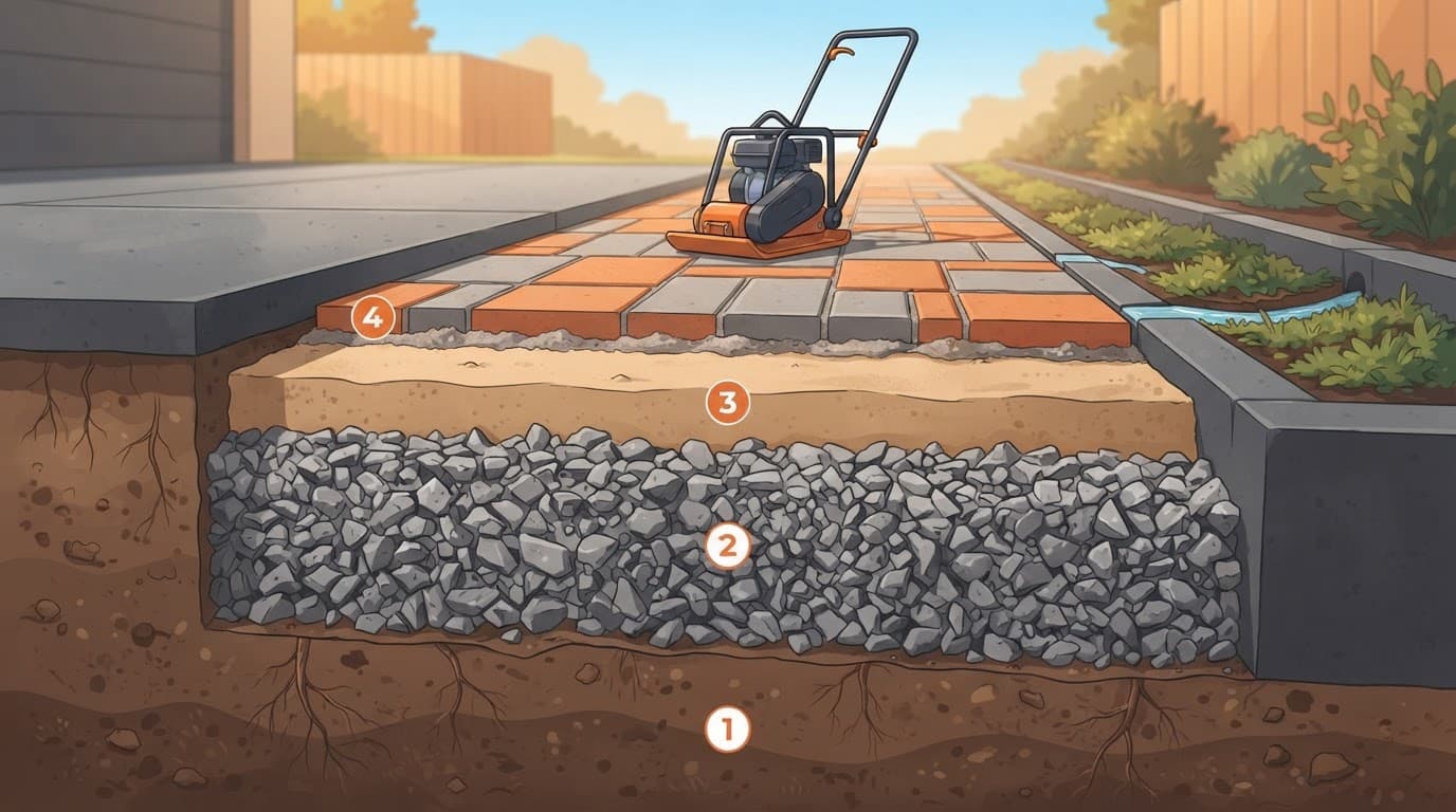 Cutaway driveway with pavers, layered stone, a plate compactor, and drainage toward plants.