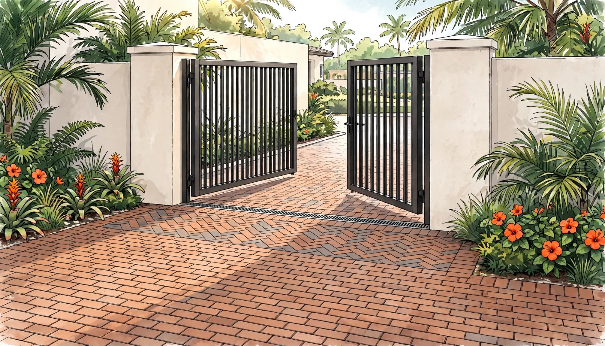 Brick pavers meet a swing gate threshold beside a drainage channel and tropical plants.