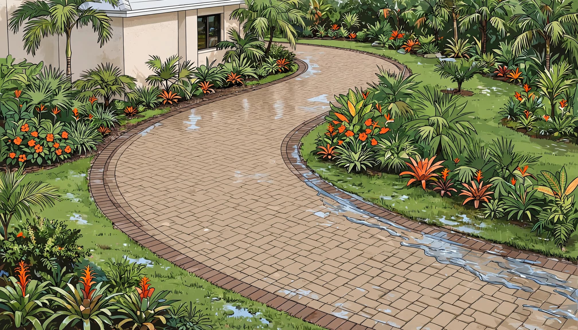 A curved paver driveway with a bordered edge leads to a stucco home among palms.