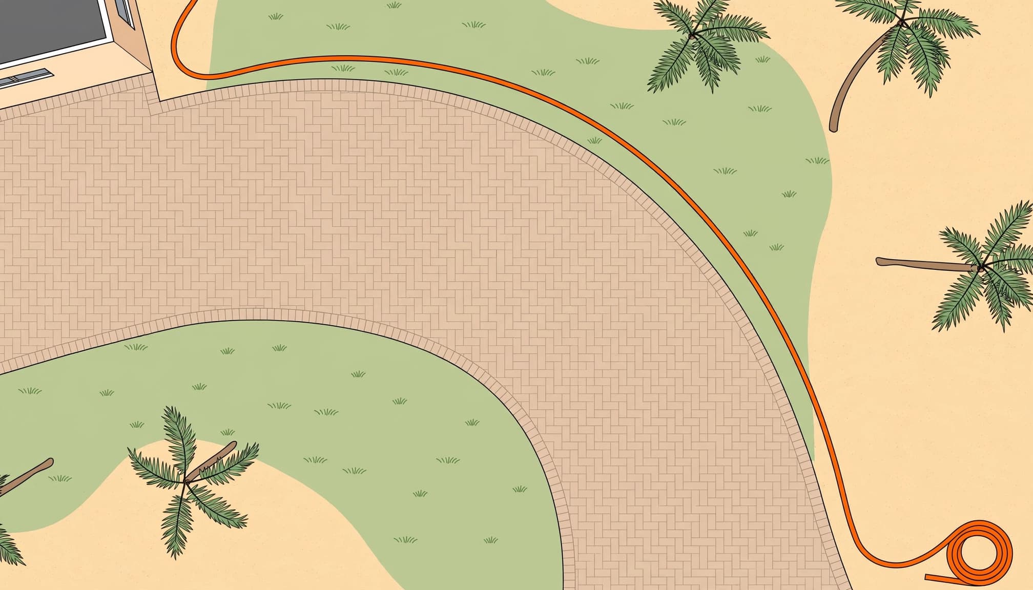 An orange hose marks a curved paver driveway layout beside a home, lawn, and palm trees.