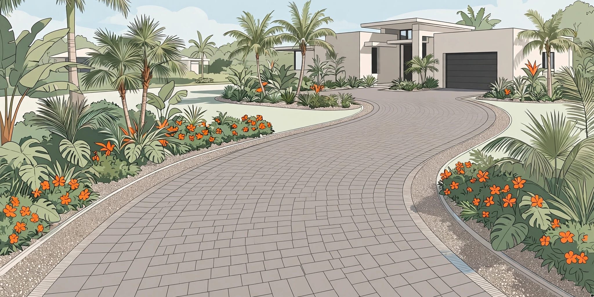 Curved Paver Driveway A curved gray paver driveway leads to a Florida home among palms and flowers.