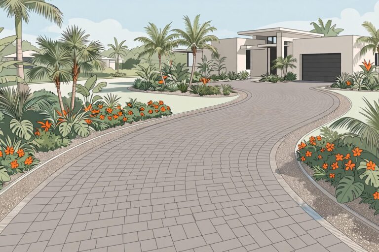 A curved gray paver driveway leads to a Florida home among palms and flowers.