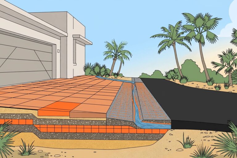 Florida Driveway Transition Terracotta pavers transition to asphalt beside palms and a drainage buffer.