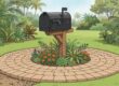 A roadside mailbox surrounded by circular pavers, small flowers, and tropical greenery.