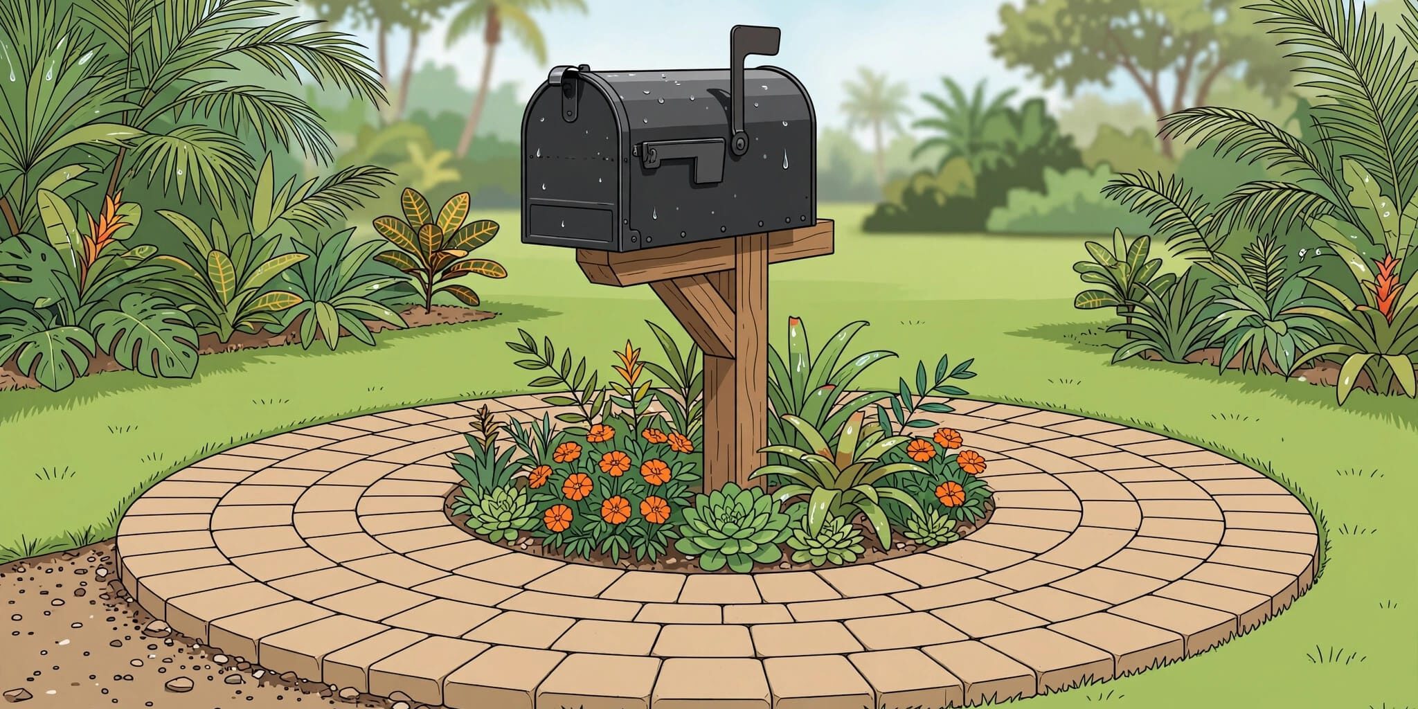 A roadside mailbox surrounded by circular pavers, small flowers, and tropical greenery.