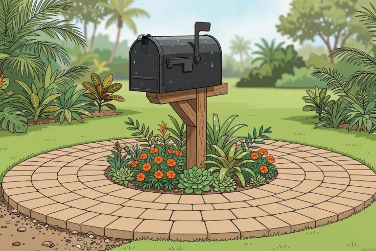 Circular Mailbox Paver Bed A roadside mailbox surrounded by circular pavers, small flowers, and tropical greenery.