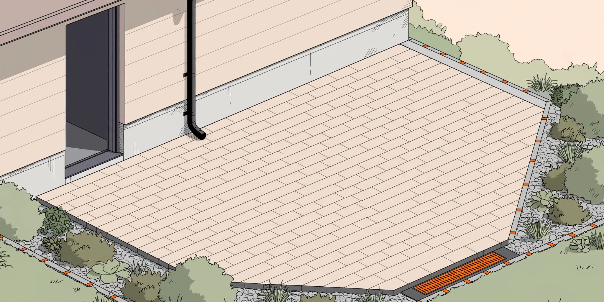 A paver patio beside a house, sloping toward an orange-accented garden drain.