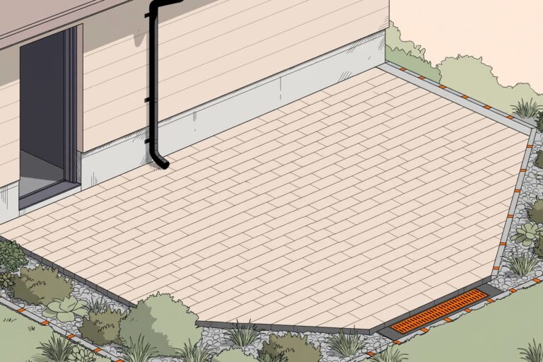 Foundation Side Paver Patio A paver patio beside a house, sloping toward an orange-accented garden drain.