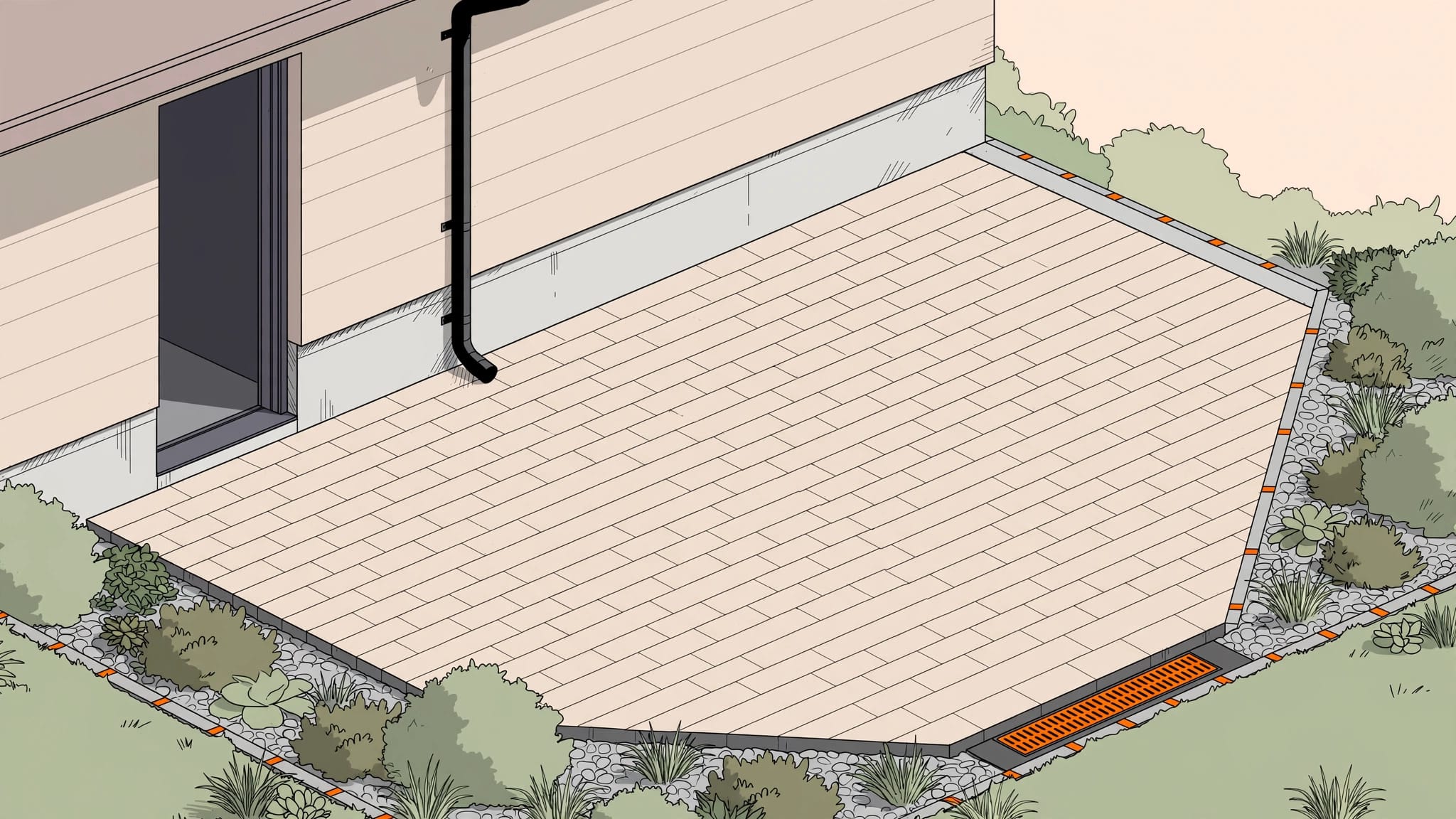 Foundation Side Paver Patio A paver patio beside a house, sloping toward an orange-accented garden drain.