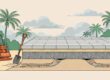 Cross-section of a Florida paver patio with layered base materials, tools, palms, and cloudy skies.