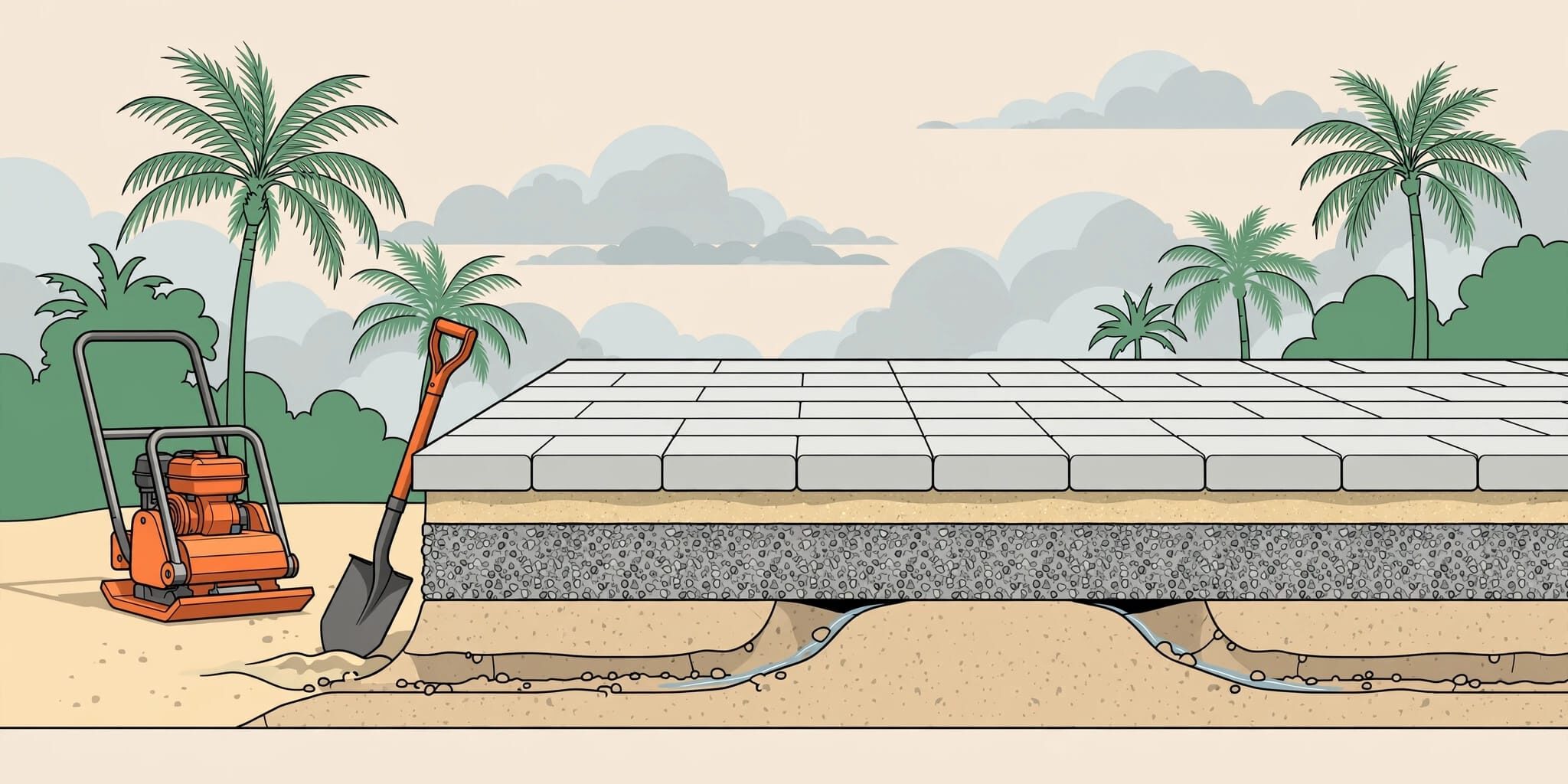 Florida Paver Patio Cross Section Cross-section of a Florida paver patio with layered base materials, tools, palms, and cloudy skies.