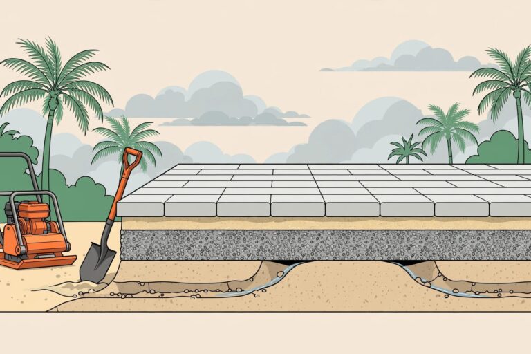 Florida Paver Patio Cross Section Cross-section of a Florida paver patio with layered base materials, tools, palms, and cloudy skies.